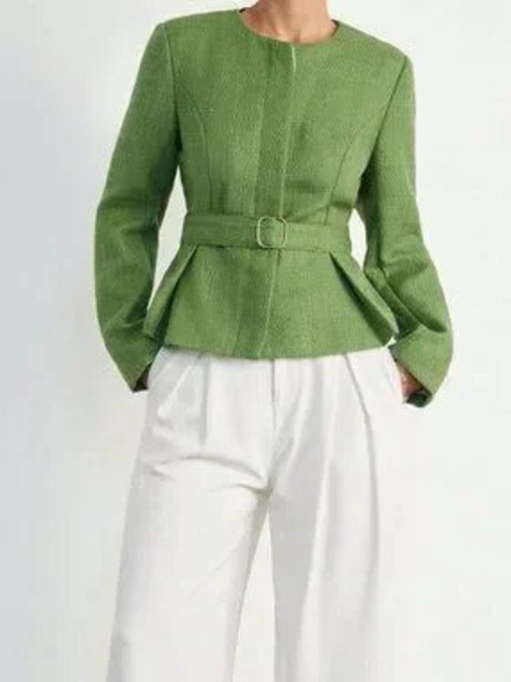 Green Elegant Women's Tweed Blend Round Neck Cinched Waist Casual Blazer Jacket